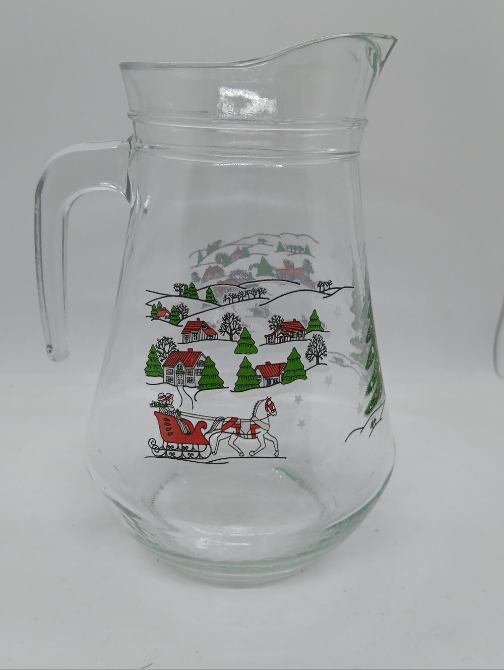 ​Vintage KIG Indonesia Glass Christmas Pitcher Winter Wonderland Sleigh 52oz